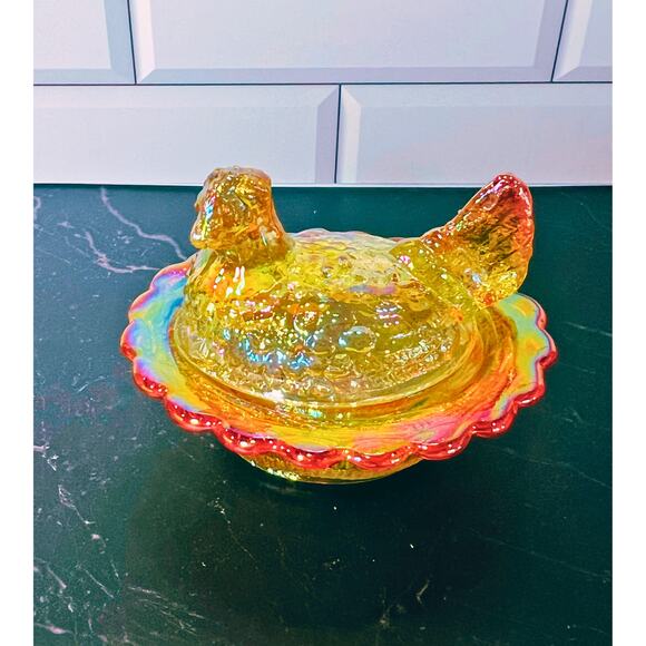 Mini Marigold Carnival Glass Hen on Nest | Iridescent Covered Chicken Dish - Picture 2 of 8